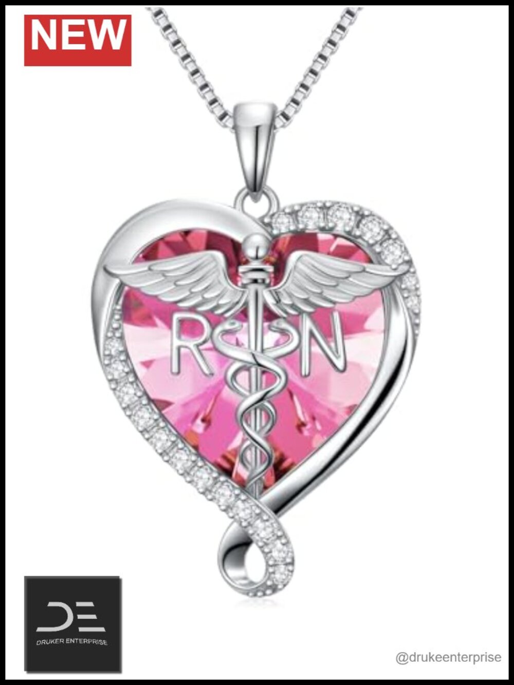 925 Sterling Silver Caduceus Nurse Necklace October Birthstone Pink Tourmaline